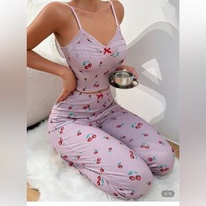 SHEIN Pink Cherry Print Two Piece Pajama Set Size Small